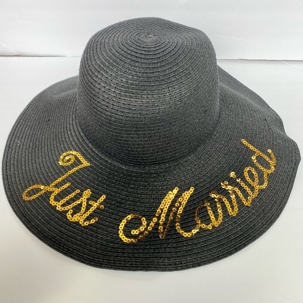Betsey Johnson | Black ‘Just Married’ Floppy Sun Hat | One Size